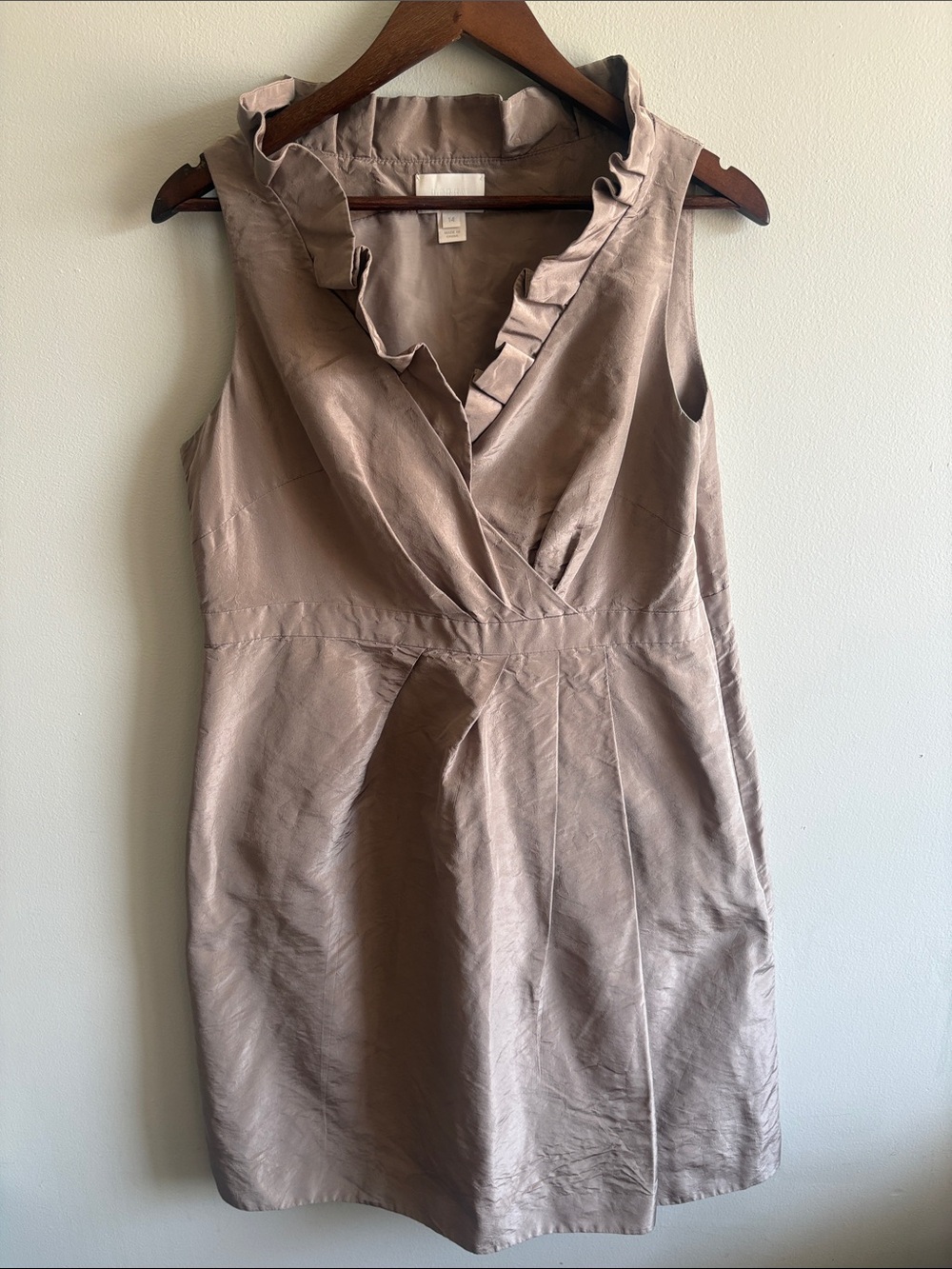 J.Crew‎ 100% Silk Ruffle Neck Surplice Dress Taupe Size 14